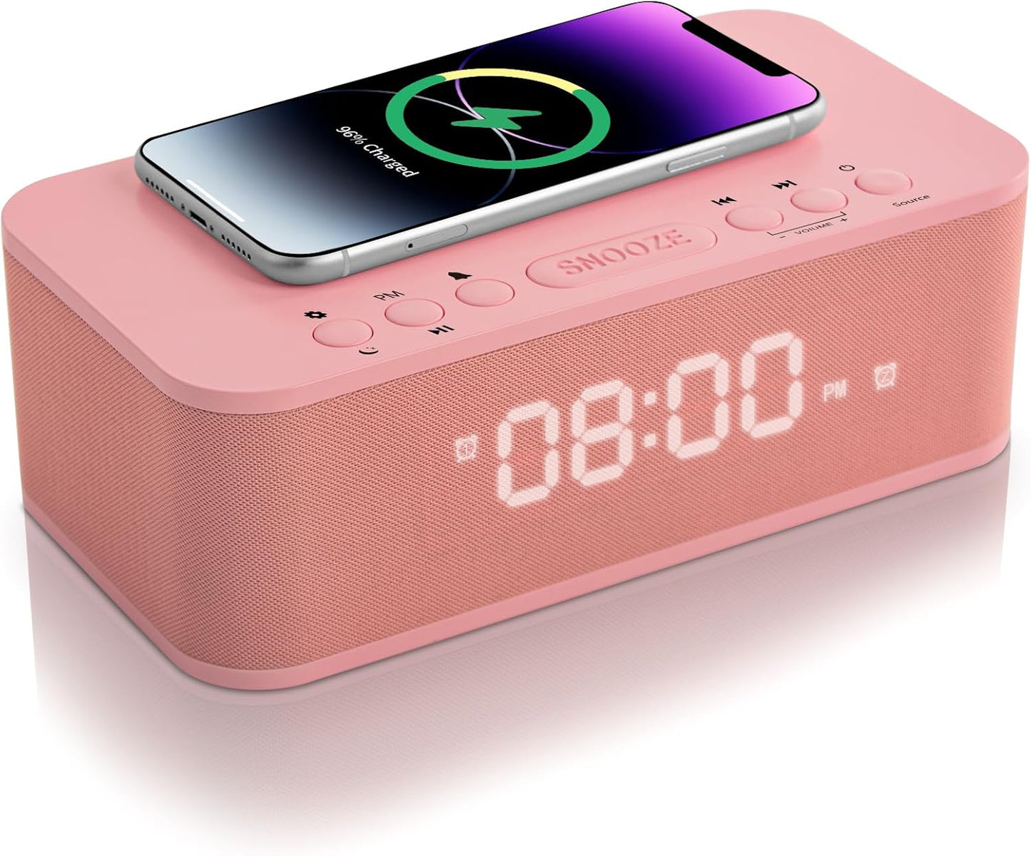 Alarm Clocks Large Snooze Button, Digital Clock USB Charger Port, Bluetooth Speaker Alarm Clock Bedroom AUX USB Bluetooth Speaker Wireless Charging 12/24H Dual Alarms Snooze Dimmer Sleep Timer, Pink