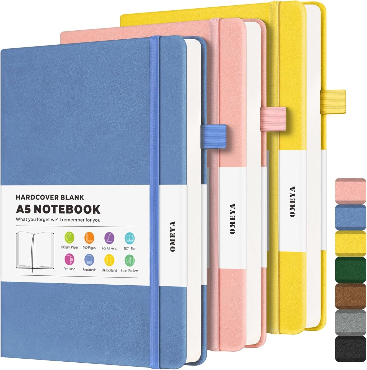 Blank Journal Notebook, 3 Pack A5 Sketch Book, Hardcvoer Sketchbook for Drawing with 100GSM Thick Paper, Leather Journal for Writing, Unlined Journal for Women, Men, School, 160 Pages, 5.7" x 8.4"