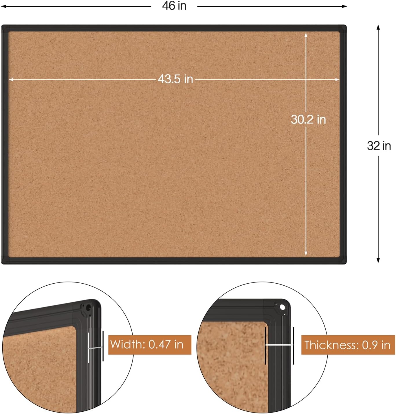 Board2by Cork Board Bulletin Board 48" x 36", Black Aluminium Framed 4x3 Corkboard, Office Board for Wall Cork, Large Wall Mounted Notice Pin Board with 18 Push Pins for School, Home & Office