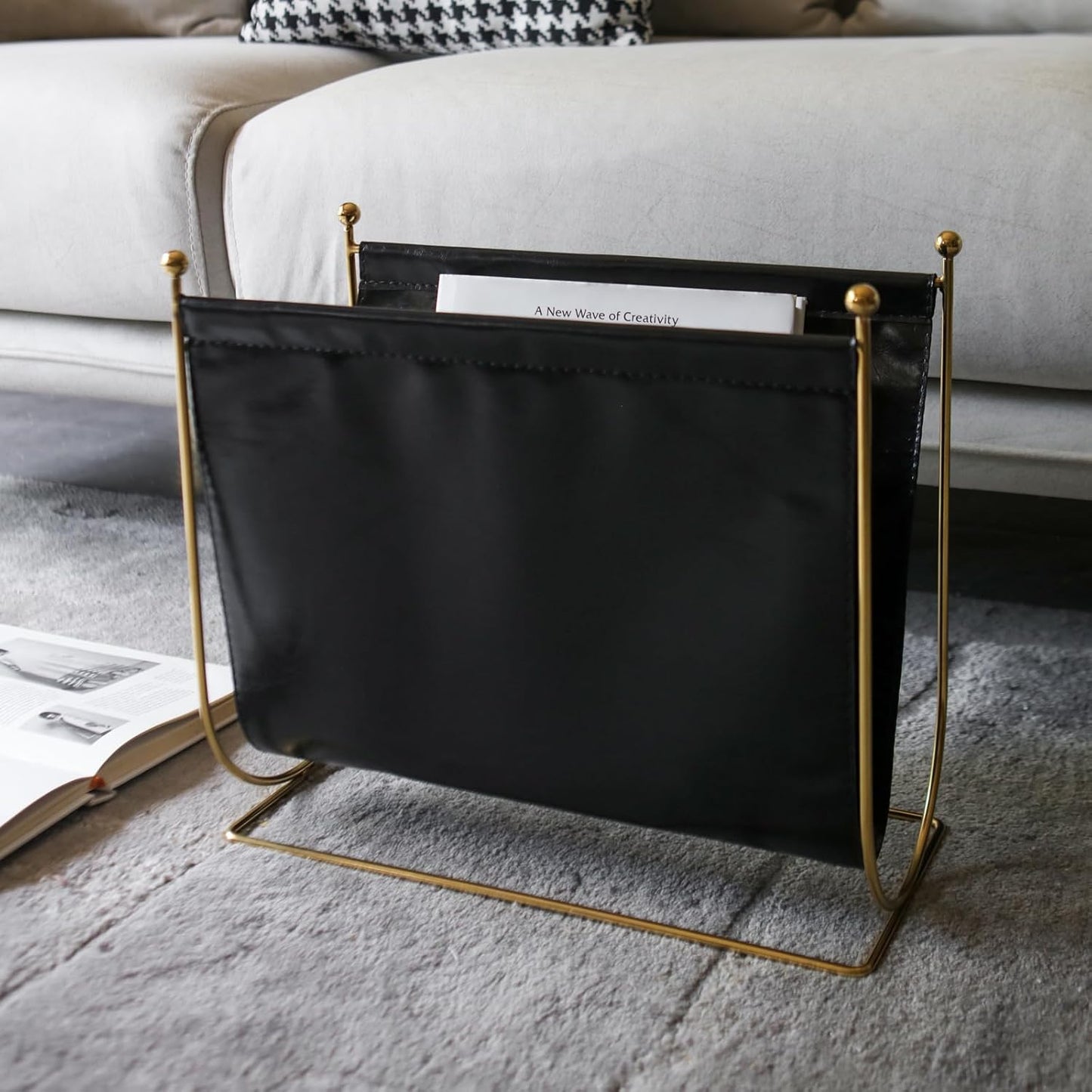 Black Leatherette Magazine Rack Holder, with Metal Ball Bracket,Modern Fashion Style for Books,Newspapers,Home Staging,Bedroom,Hotel,Offices and Living Rooms