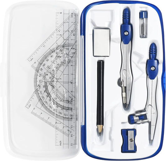 Math Geometry Kit Sets 10 Piece Student Supplies with Shatterproof Storage Box,Includes Rulers,Protractor,Compass,Eraser,Pencil Sharpener,Lead Refills,Pencil,for Drafting（Navy Blue）