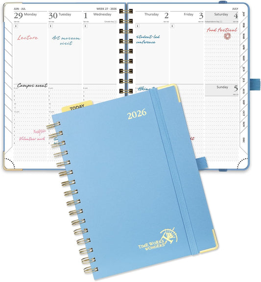 POPRUN 2026 Planner (Medium Size 8.5'' x 6.25'' Wire-Bound Hard Cover) Daily Weekly and Monthly Calendar - Agenda 2026 (Jan.2026-Dec.2026) with Hourly Schedule, Monthly Tabs - Haze Blue