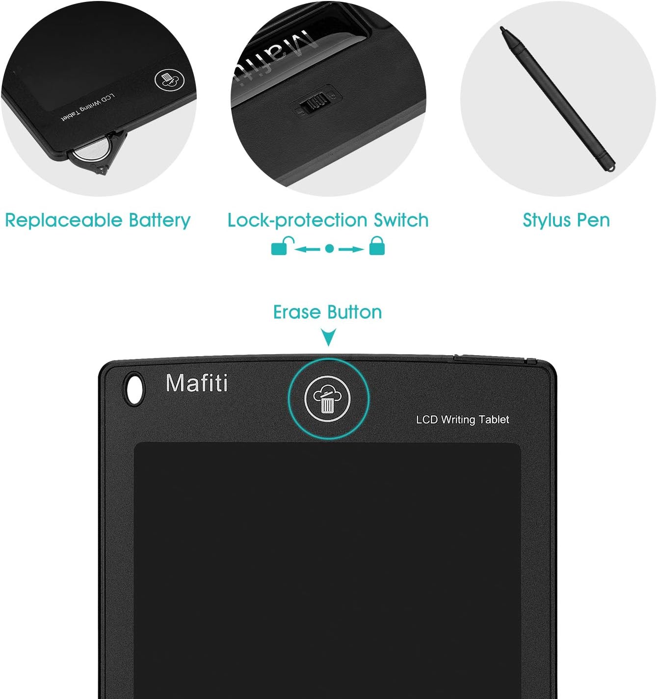 Mafiti LCD Writing Tablet 8.5 Inch Electronic Writing Drawing Pad Portable Doodle Board Gifts for Kids Office Memo Home Whiteboard Black