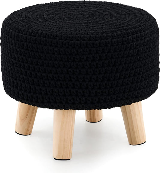 Boho Ottoman Foot Stool Cotton Knitted Round Pouf Ottoman Foot Rest Stool with Non-Skid Wooden Legs Step Stool Padded Seat for Living Room Black