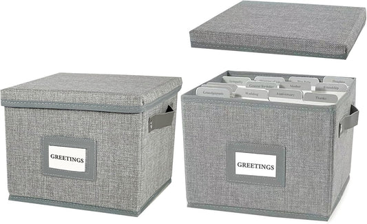 Greeting Card Organizer Box with 16 Dividers,Collapsible Greeting Card Storage Box with Handles Hold 150+ Cards,Greeting Card Holder for Greeting Cards,Sticker, Recipes, Photos, Envelopes,2-Pack