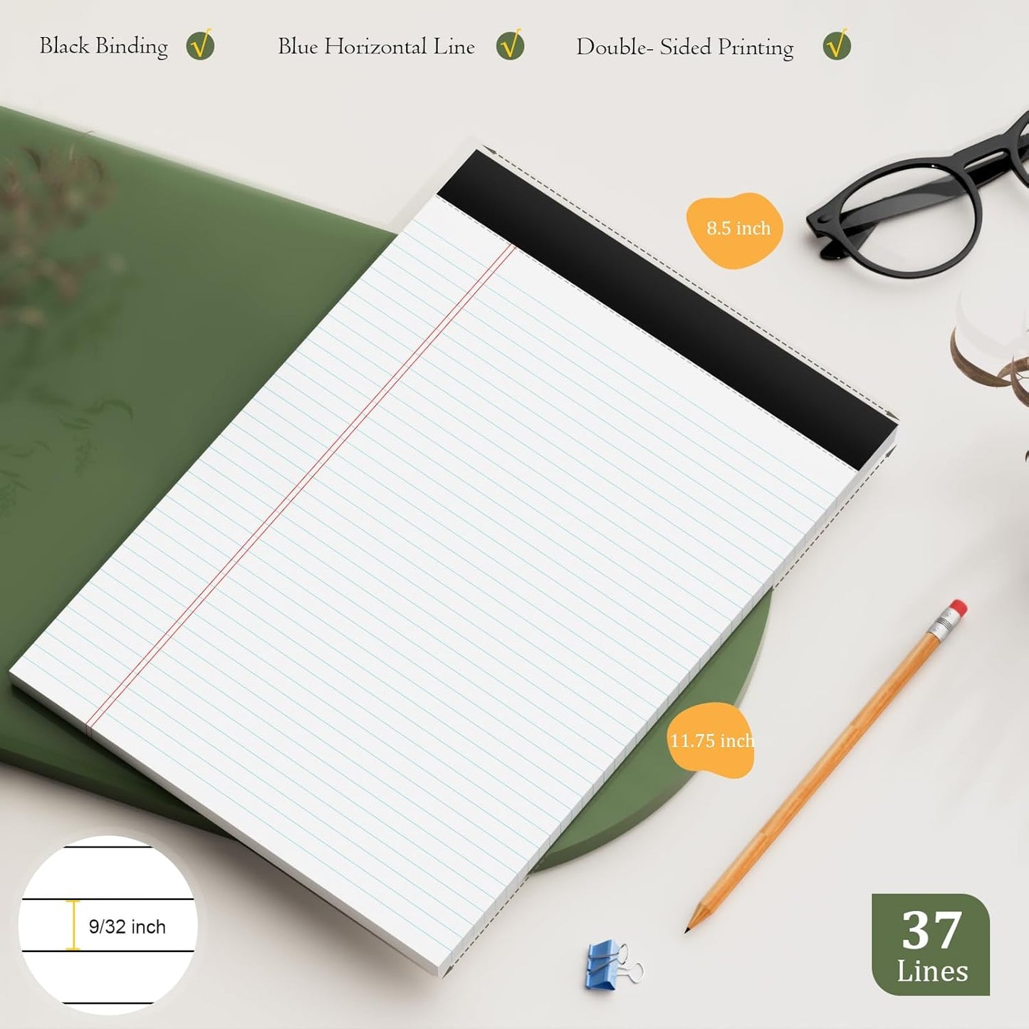 2 Pack of Legal Pads 8.5 x 11 College Ruled Writing Pads 8.5" x 11.75" Notepad 30 Sheets per Note Pads Notebook Study Back 8x11 Pads of Paper