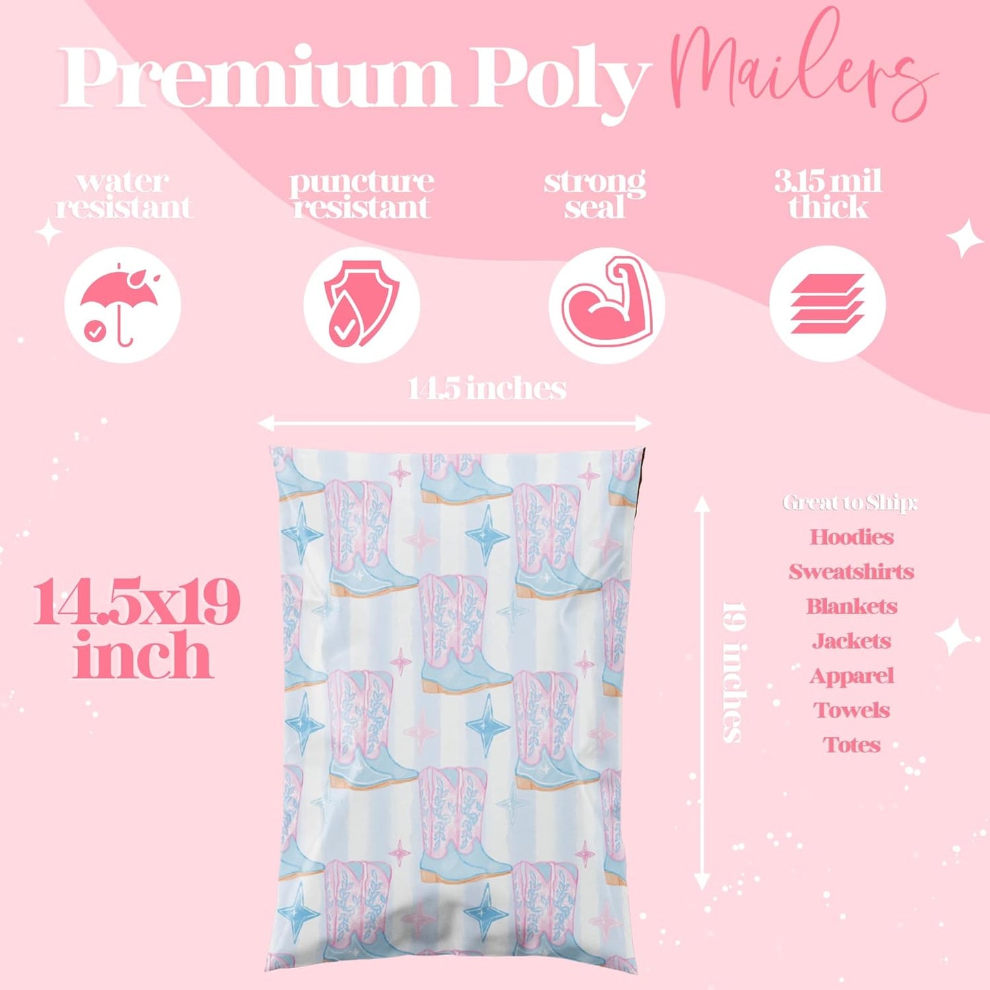 10x13 Designer Poly Mailer 100 Pack Heavy Duty Waterproof Self Seal Shipping Bags for Small Business Large Mailing Envelopes Bulk Tear Resistant Packaging Cowgirl Boots Western