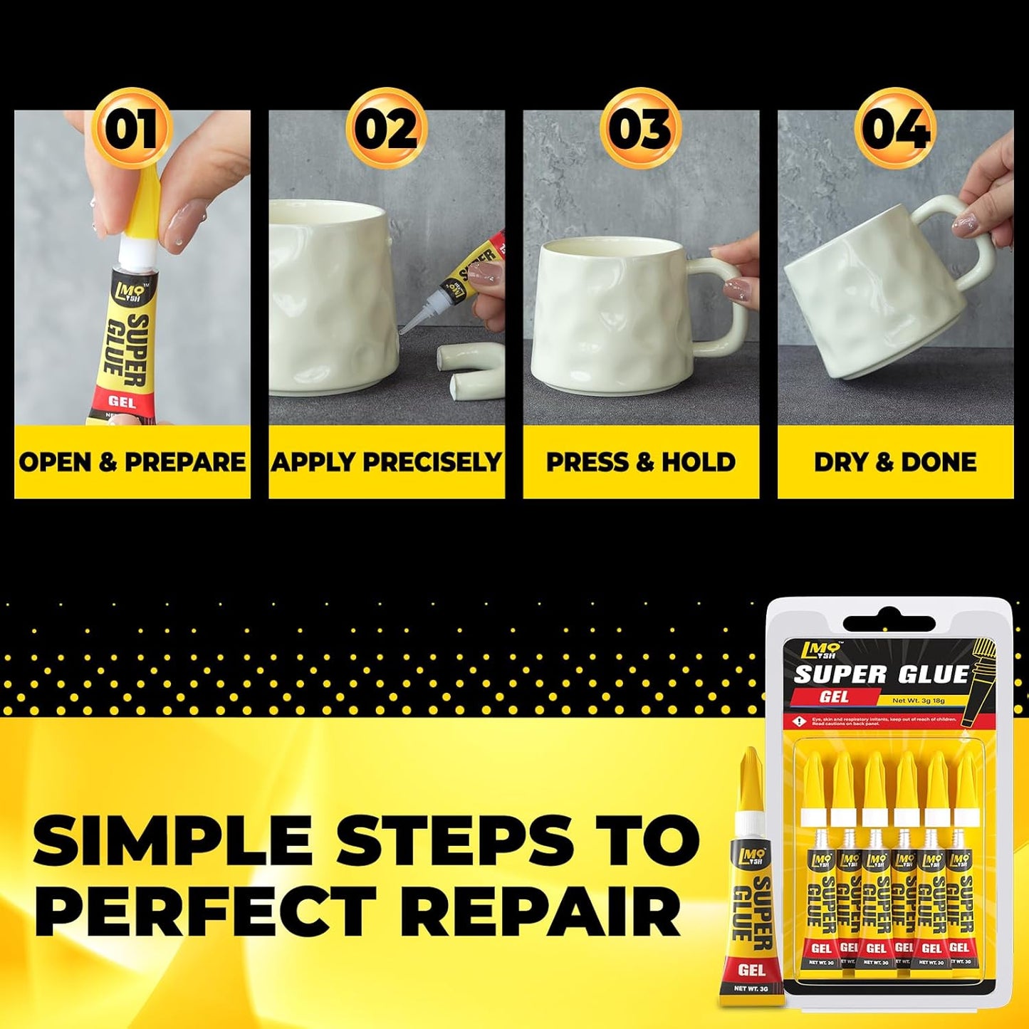 Super Glue Gel 6x3g CA Glue, Clear Cyanoacrylate Adhesive Single Use for Shoe Sole Repair Ceramic Plastic Model Metal Wood Aquarium Leather Pottery Glass, Food Safe Strong and Instant Bonding