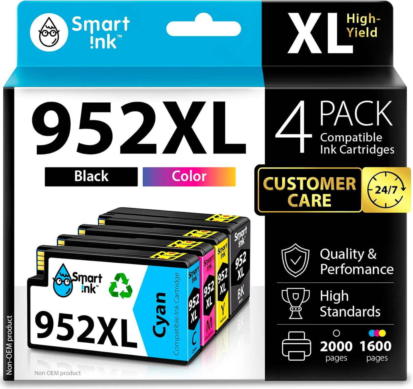 Smart Ink Compatible Ink Cartridges Replacement for HP 952XL 952 XL 4 Combo Pack (Black, Cyan/Magenta/Yellow) to use with HP OfficeJet Pro 8710 7740 8720 8715 8210 8703 OfficeJet 8702 Printers