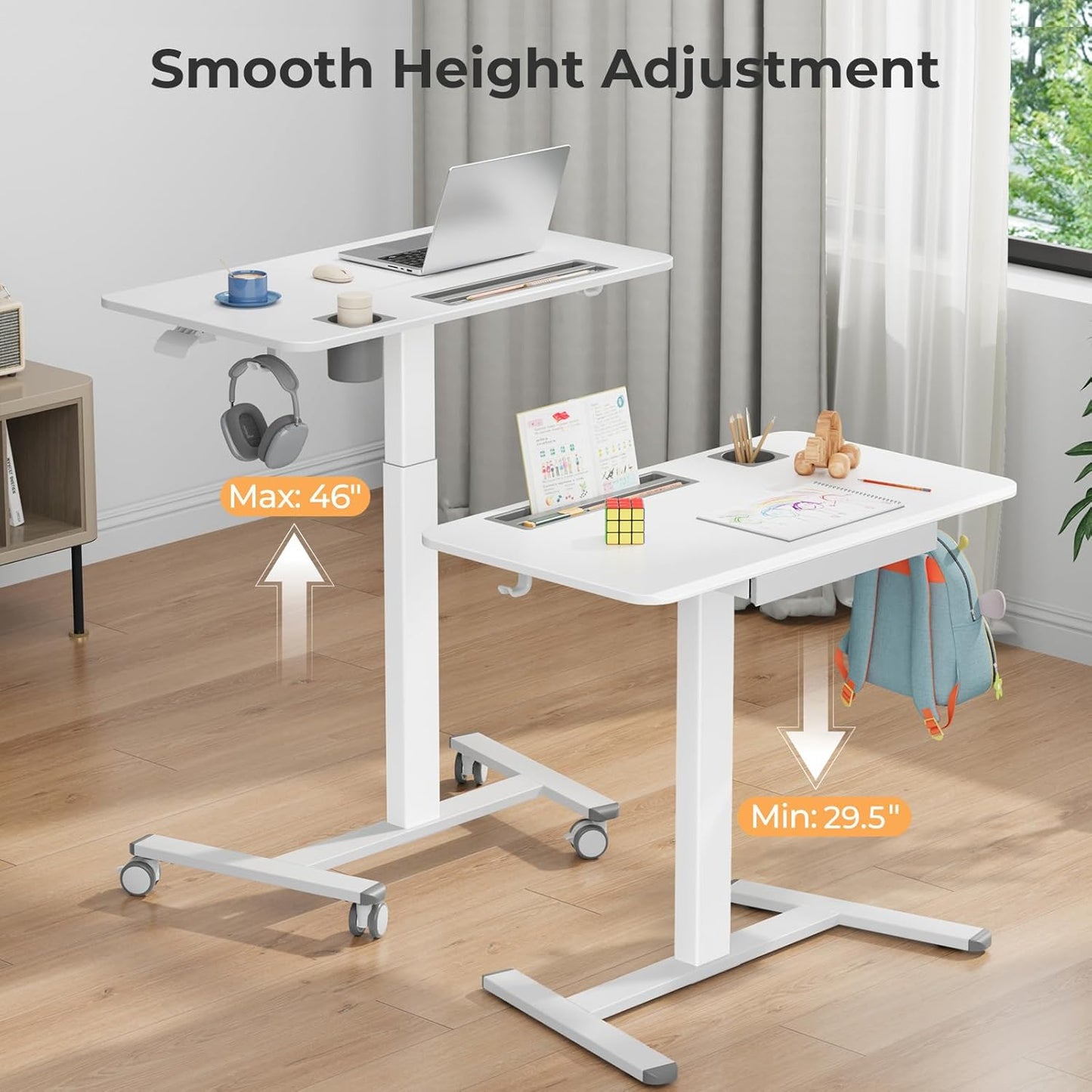 Mobile Standing Desk with Drawer, 35" Small Standing Desk with Cup Holder, Rolling Laptop Desk on Wheels, Height Adjustable Desk with Storage for Home Office, White