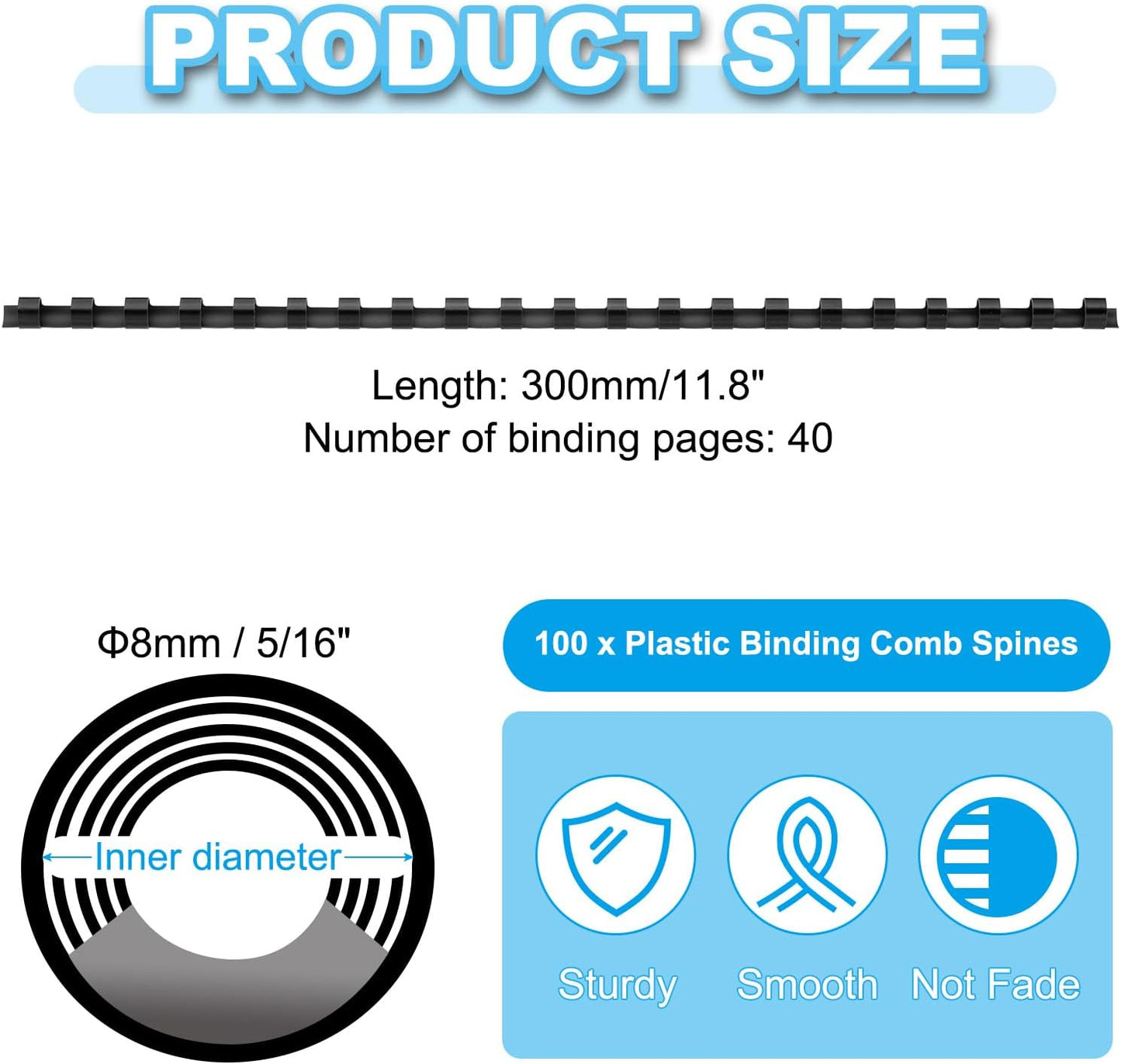 PATIKIL 8mm (5/16") Plastic Binding Combs, 100 Pcs 21 Rings Comb Binding Spines 40 Sheet Capacity Letter Size for Binding Paper Sheets, Black