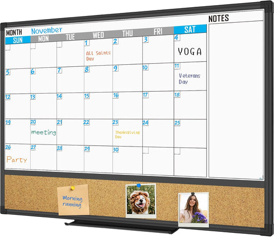 XBoard Dry Erase Calendar Whiteboard 36 X 24 - Combo White Board Calendar Monthly, Magnetic White Board + Corkboard with Black Aluminum Frame, 10 Colorful Push Pins & Marker Tray Included