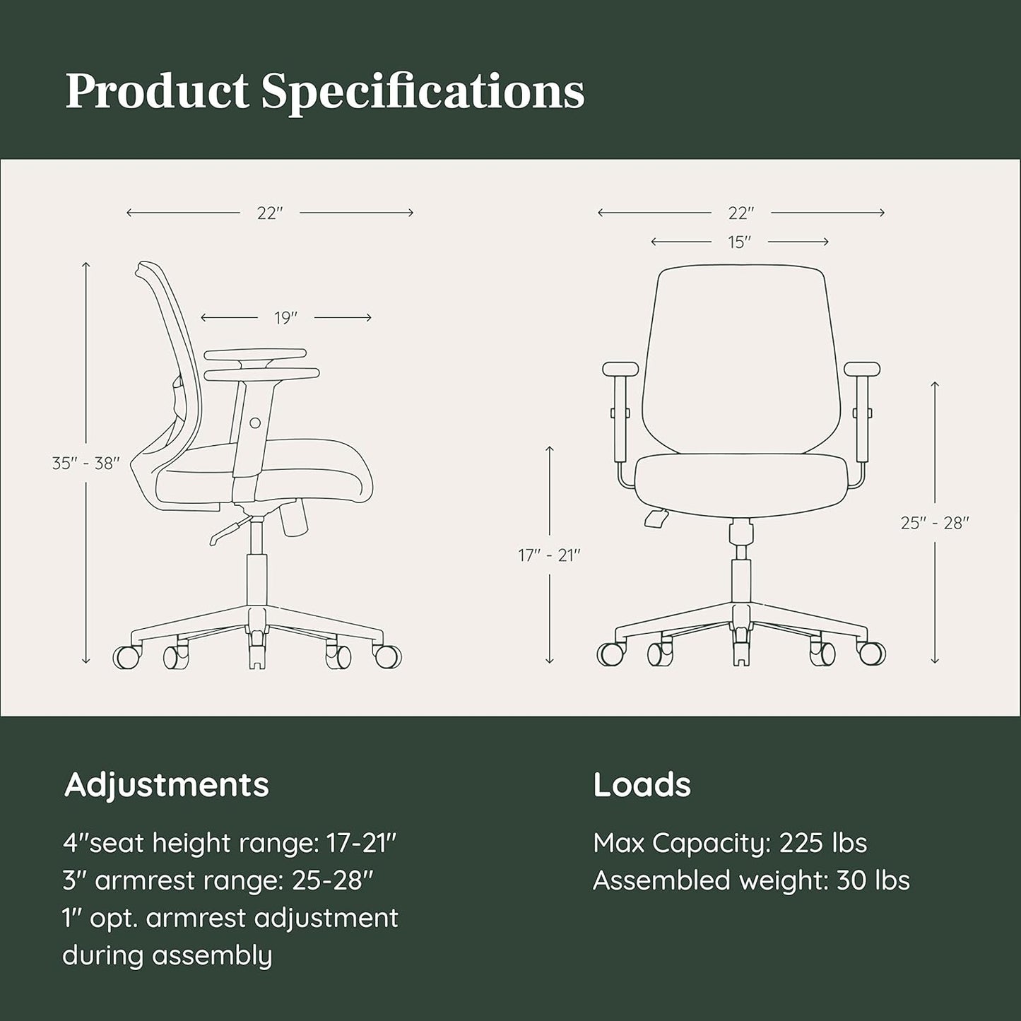 Branch Daily Chair - Computer Office Chair with Swivel, Lumbar Rest, and Adjustable Armrests - Sustainable, Stylish Mesh, & Adjustable Armrests - Comfortable Seating for Improved Posture - Green