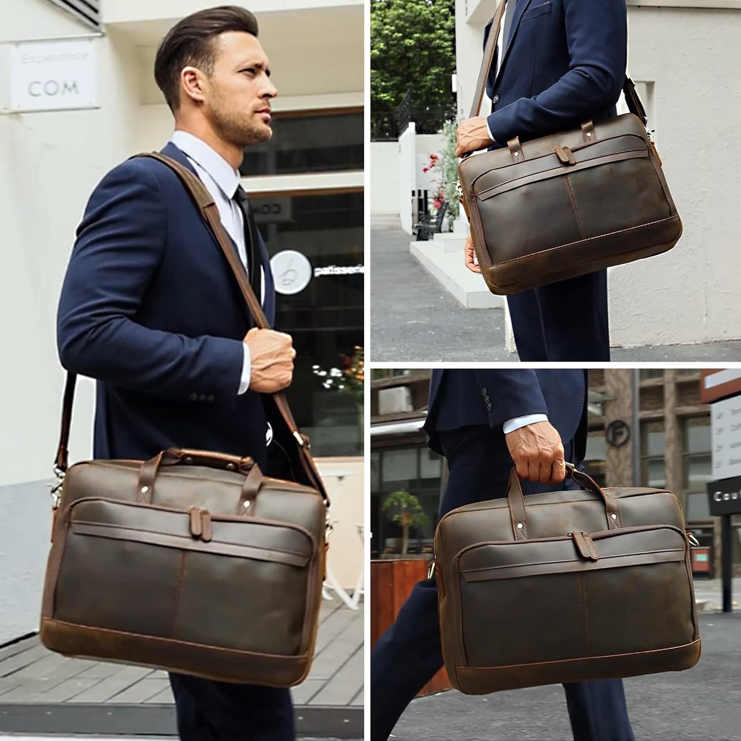Leather Briefcase for Men 17 Inch Laptop Crossbody Shoulder Messenger Bag Attache Case for Business Travel Work Lawyer