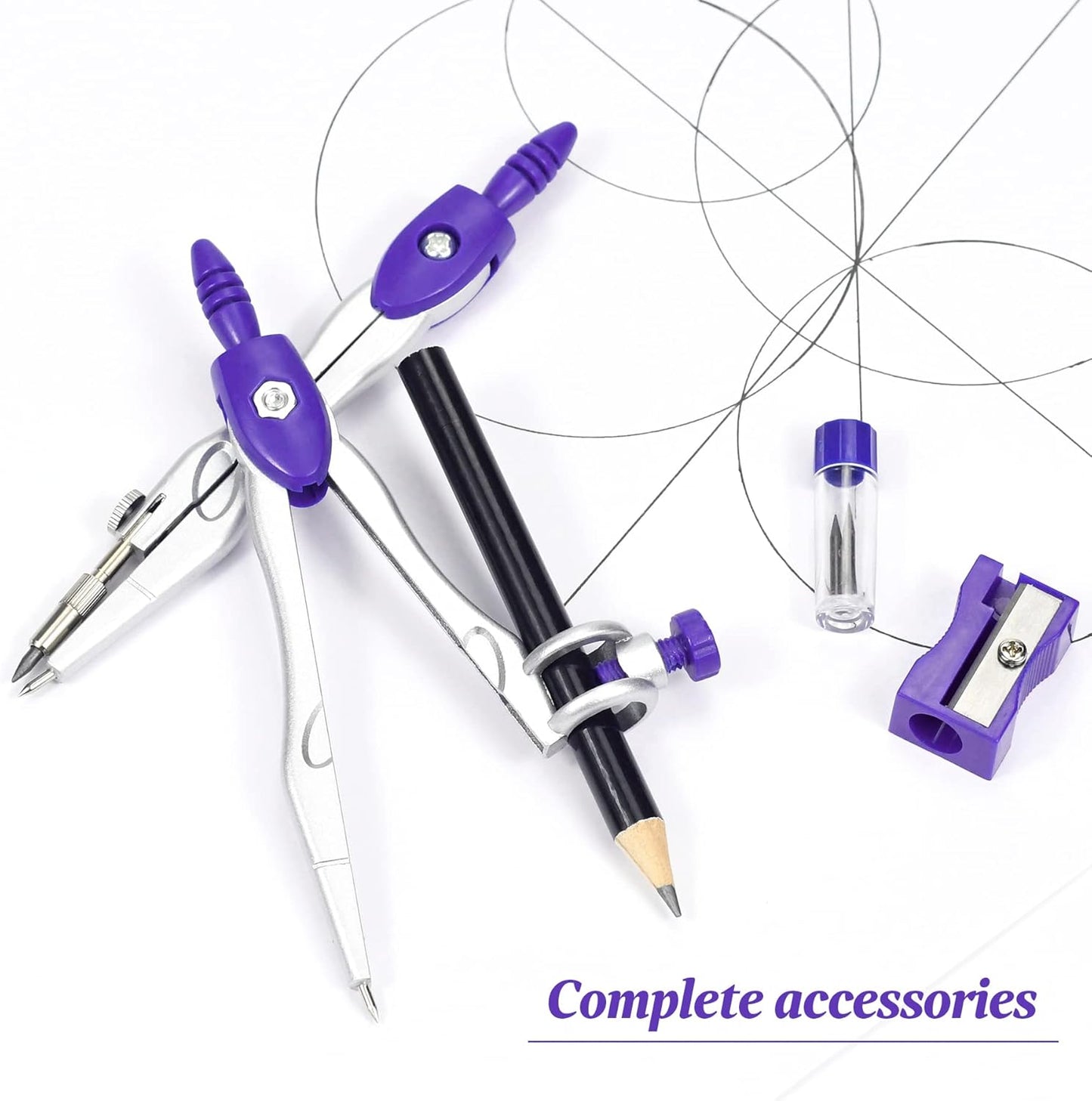Math Geometry Kit Sets 10 Piece Student Supplies with Shatterproof Storage Box,Includes Rulers,Protractor,Compass,Eraser,Pencil Sharpener,Lead Refills,Pencil,for Drafting and Drawings（Purple）