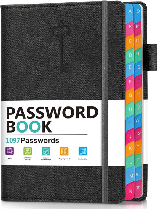 Password Keeper Book with Colorful Alphabetical Tabs, Hardcover Password Log-book for Internet Password and Website Address, 5.8"×8.4" Password Notebook for Home Office (Black)