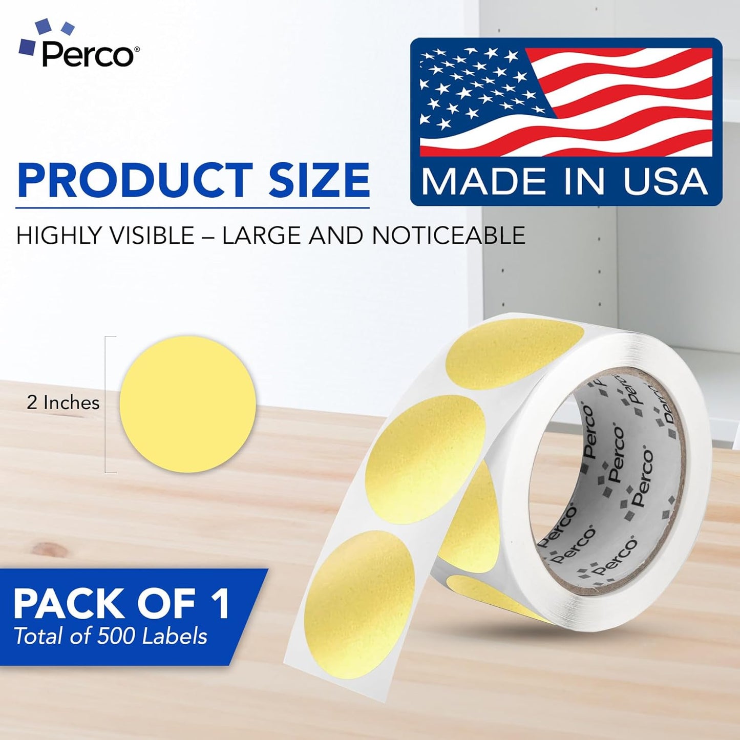 Perco Gold 2-Inch Round Circle Dot Sticker Labels with Permanent Adhesive for Wedding Invitations - 500 Labels per Roll - Vibrant Colors, Strong Adhesion - Made in USA