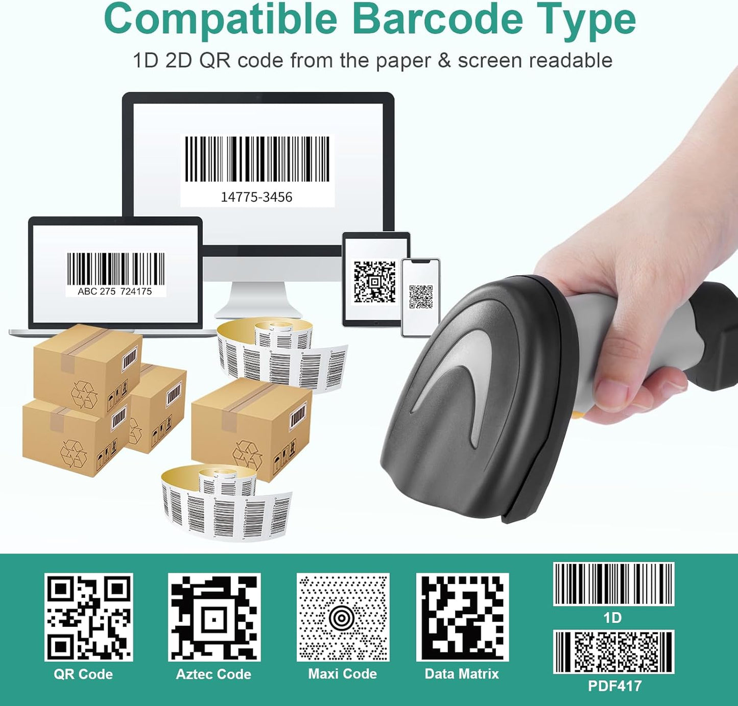 Barcode Scanner, Handheld QR Code Scanner USB Wired Connection 1D 2D&PDF417 Data Matrix Automatic Barcode Reader Plug and Play Bar Code Scanners for Store Supermarket Warehouse Library