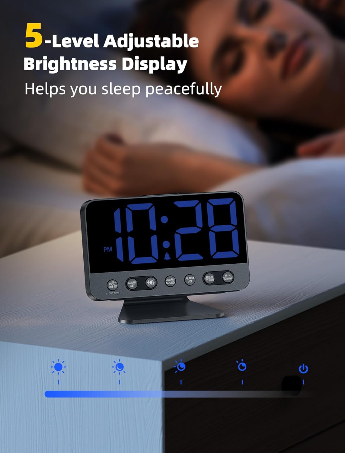 Digital Alarm Clocks for Bedrooms: Large Bold Number 5 Brightness Dimmer - Easy to Read Across The Room - 5 Alarm Sound 8 Night Light - Black