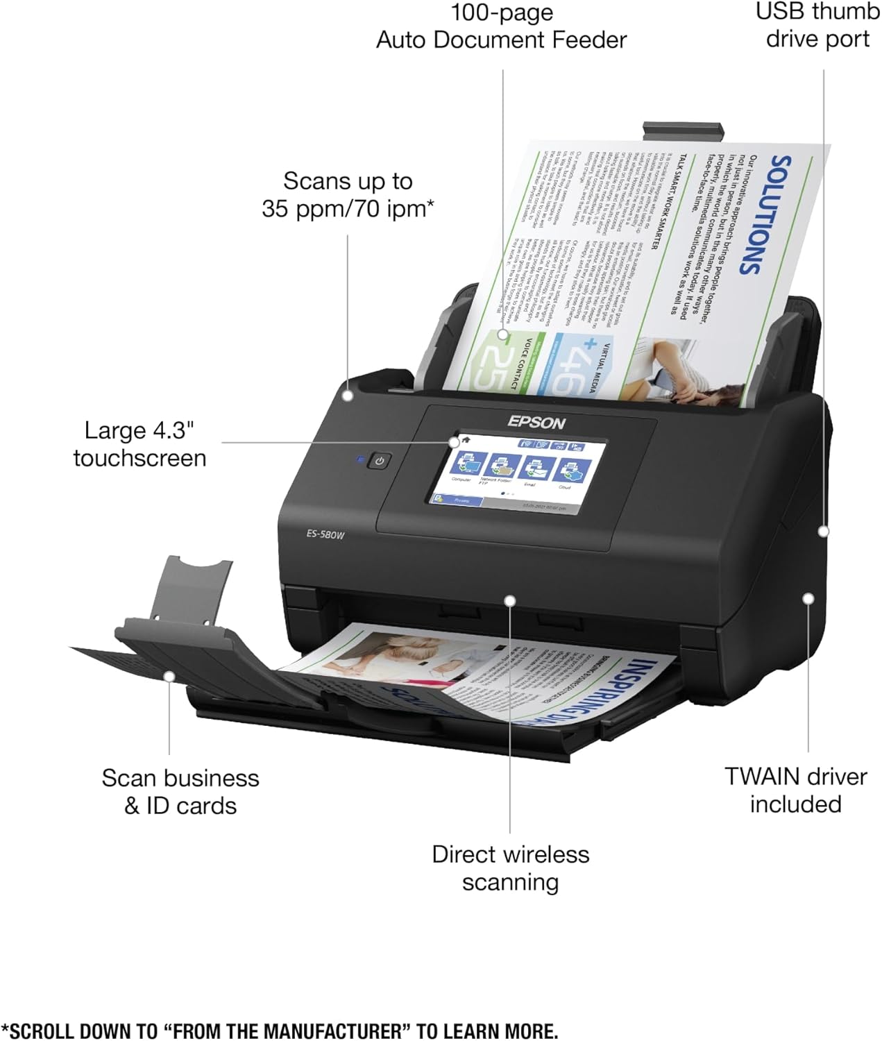 Epson Workforce ES-580W Wireless Color Duplex Desktop Document Scanner for PC and Mac with 100-sheet Auto Document Feeder (ADF) and Intuitive 4.3" Touchscreen