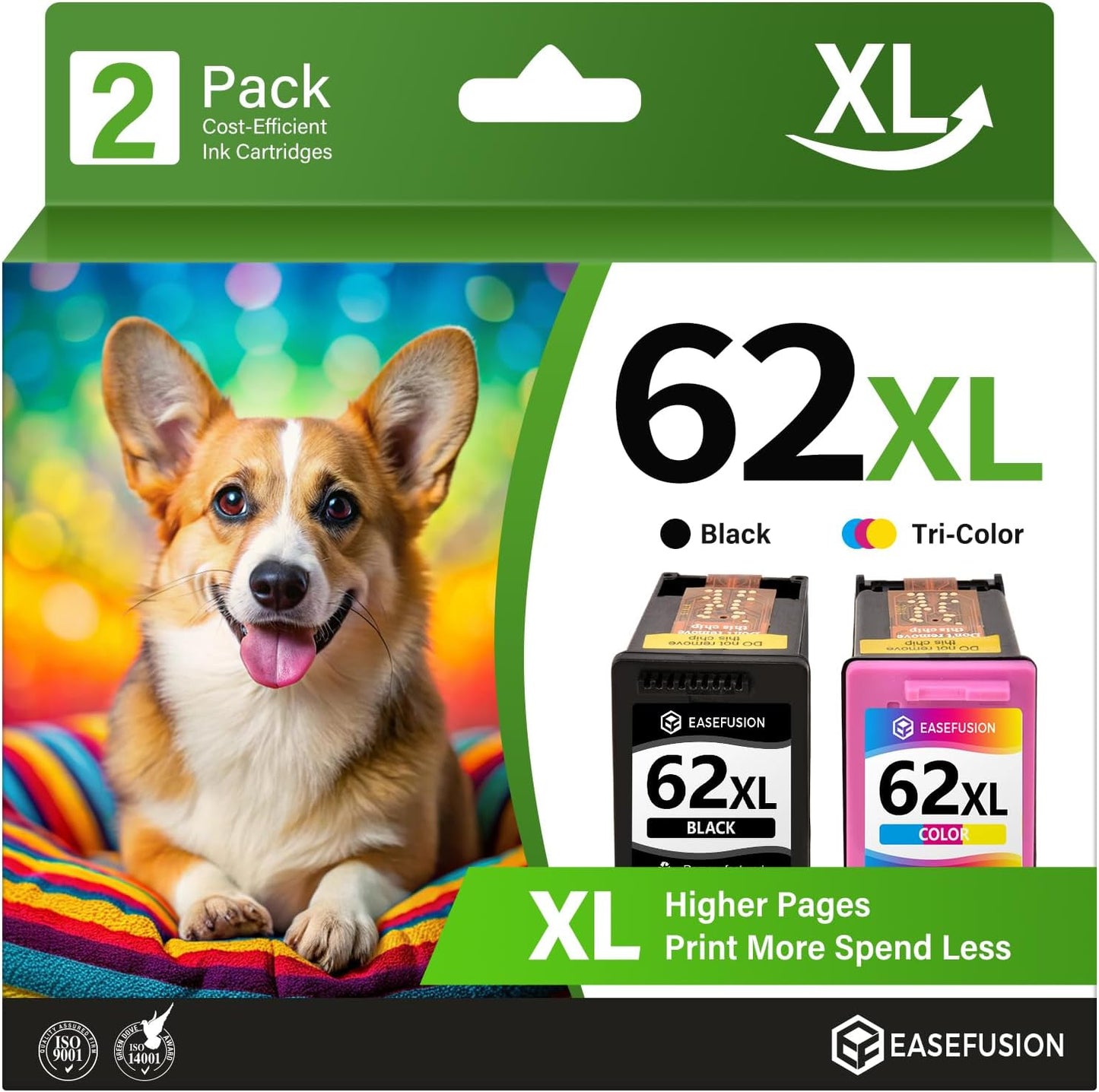 62XL Ink Cartridges Black and Color Remanufactured Replacement for HP Ink 62 HP62XL Combo Pack Compatible with Envy 7640 5660 5540 7645 5740 5746 OfficeJet 250 200 Mobile Printer, 2-Pack