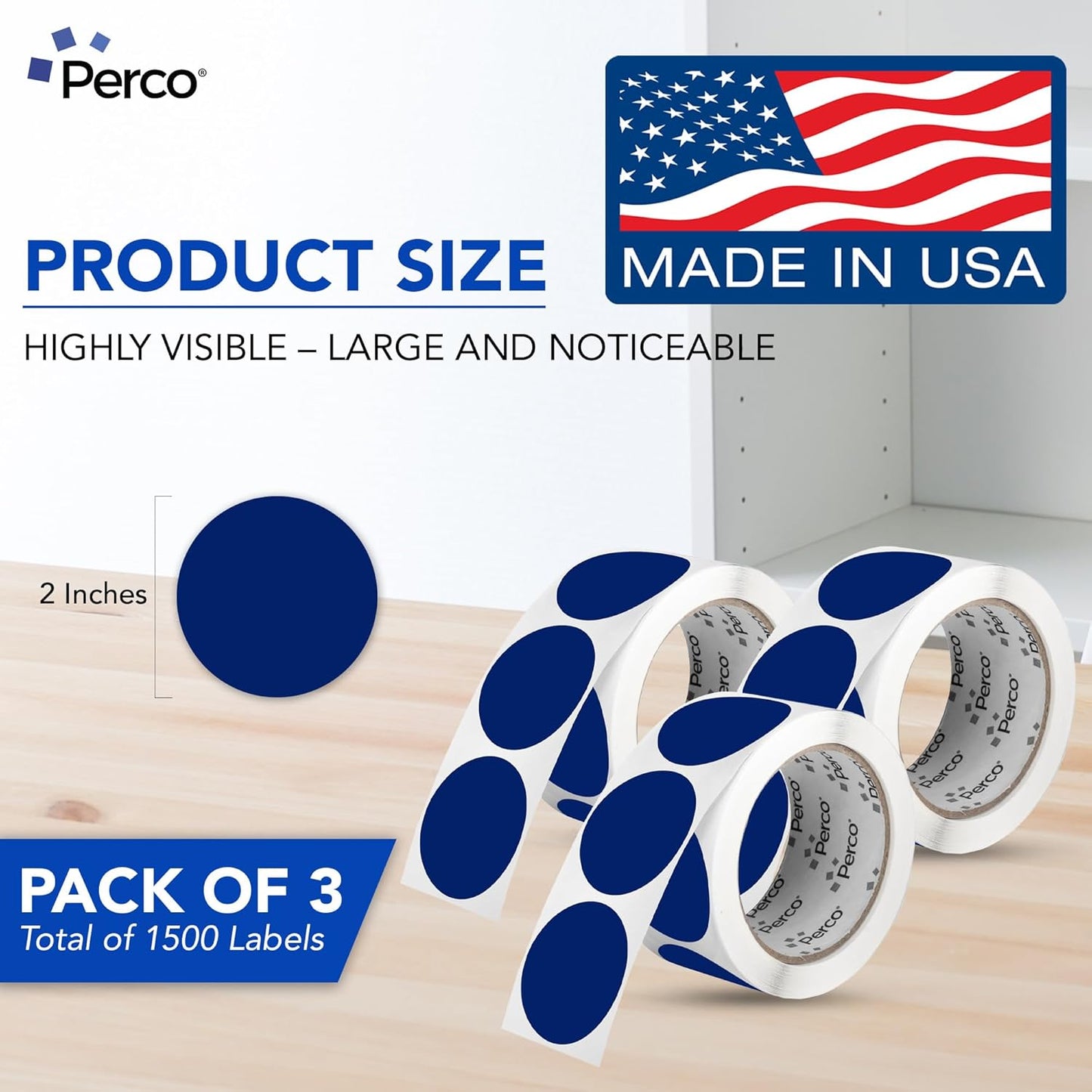Perco Dark Blue 2-Inch Round Circle Dot Sticker Labels - Multi-Roll Pack (3 Rolls, 500 Labels Each) - Permanent Adhesive, Vibrant Colors, Strong Hold - Perforated for Easy Use - Made in USA