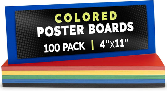 Hygloss Small Colored Poster Board 4x11 - 100 Assorted Standard Color Poster Boards Bulk Pack - Red, Yellow, Green, Blue, Black - 10 Pt. Thickness Poster Board Paper - Posterboard Multipack 4" x 11"