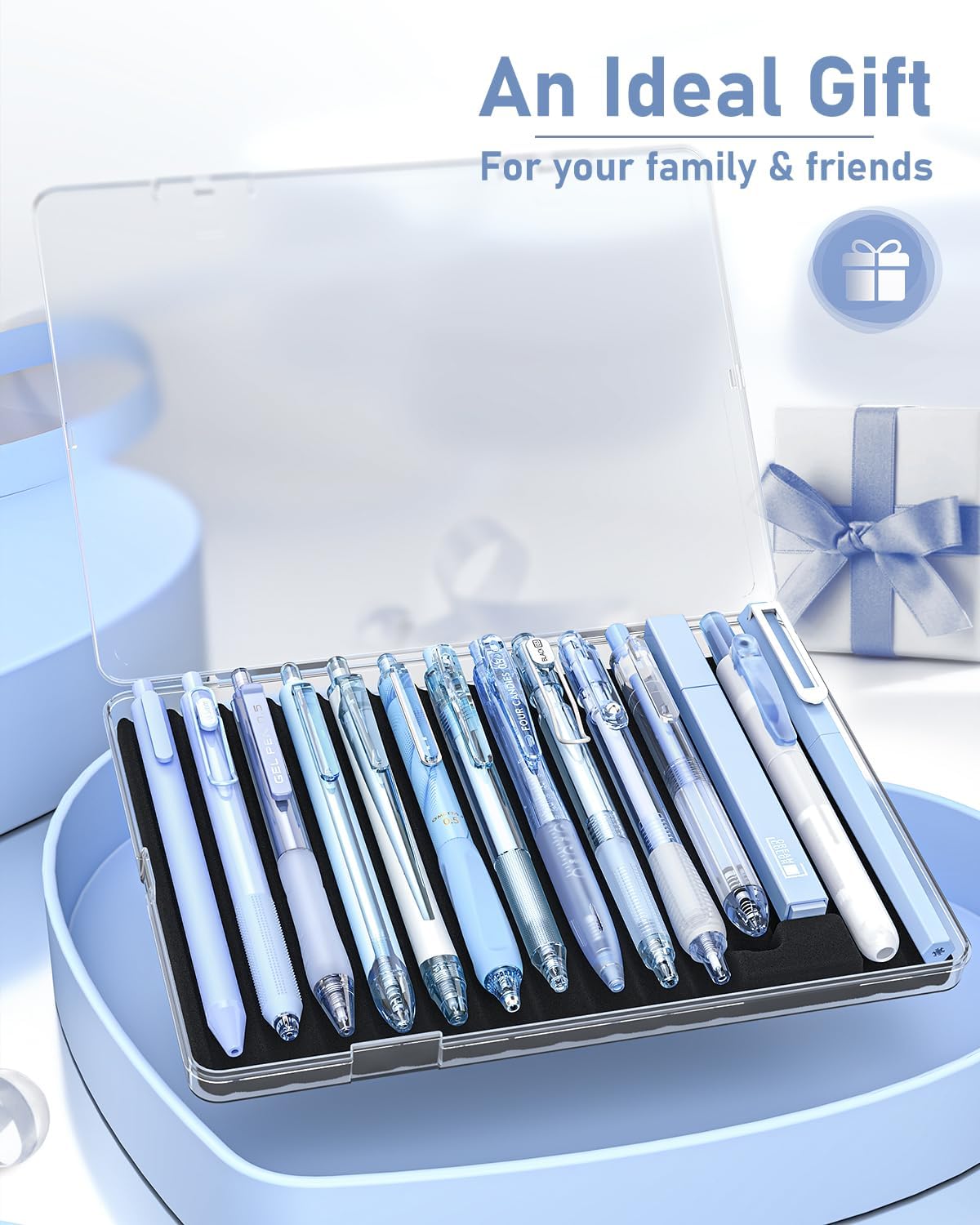 Four Candies 14Pack Pastel Gel Ink Pen Set,Cute Retractable 0.5mm Fine Point Pen,Note Taking Aesthetic Pens,12 Pack Black Ink Pens with 2Pack Highlighter, Smooth Writing Pens for School, Office (Blue)