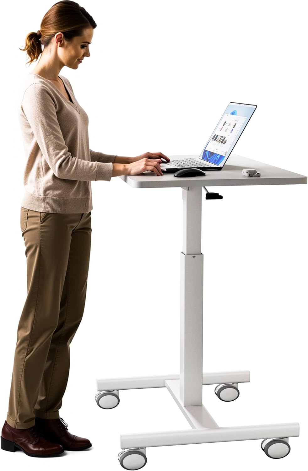 Mobile Laptop Standing Desk Adjustable Height, Small Mobile Desk Workstation with Wheels, Portable Rolling Computer Desk Cart for Home Office Classroom (White)