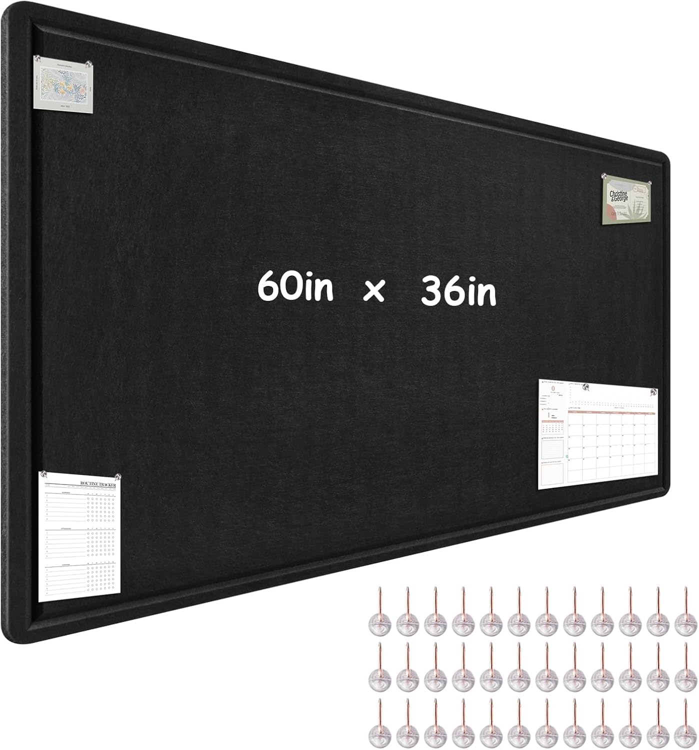 Large Bulletin Board - 60 x 36 Inches, Foldable Decorative Felt Board for Wall Photo Display Board with Self-Adhesive Tape, Includes 36 Push Pins - Black