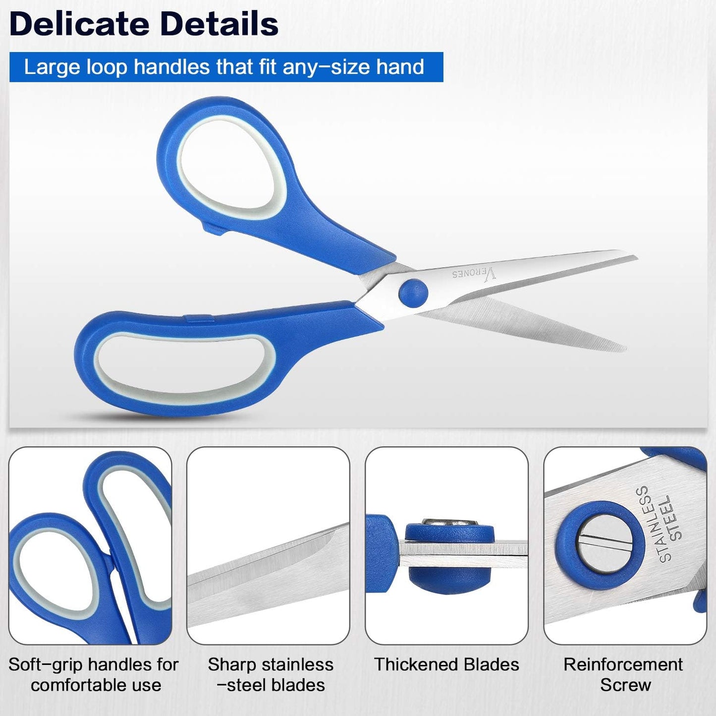 Scissors, VERONES 8 Inch Soft Comfort-Grip Handles & Stainless Steel Sharp Blades Perfect for Cutting Paper, Fabric Photos, & More, 15-Pack