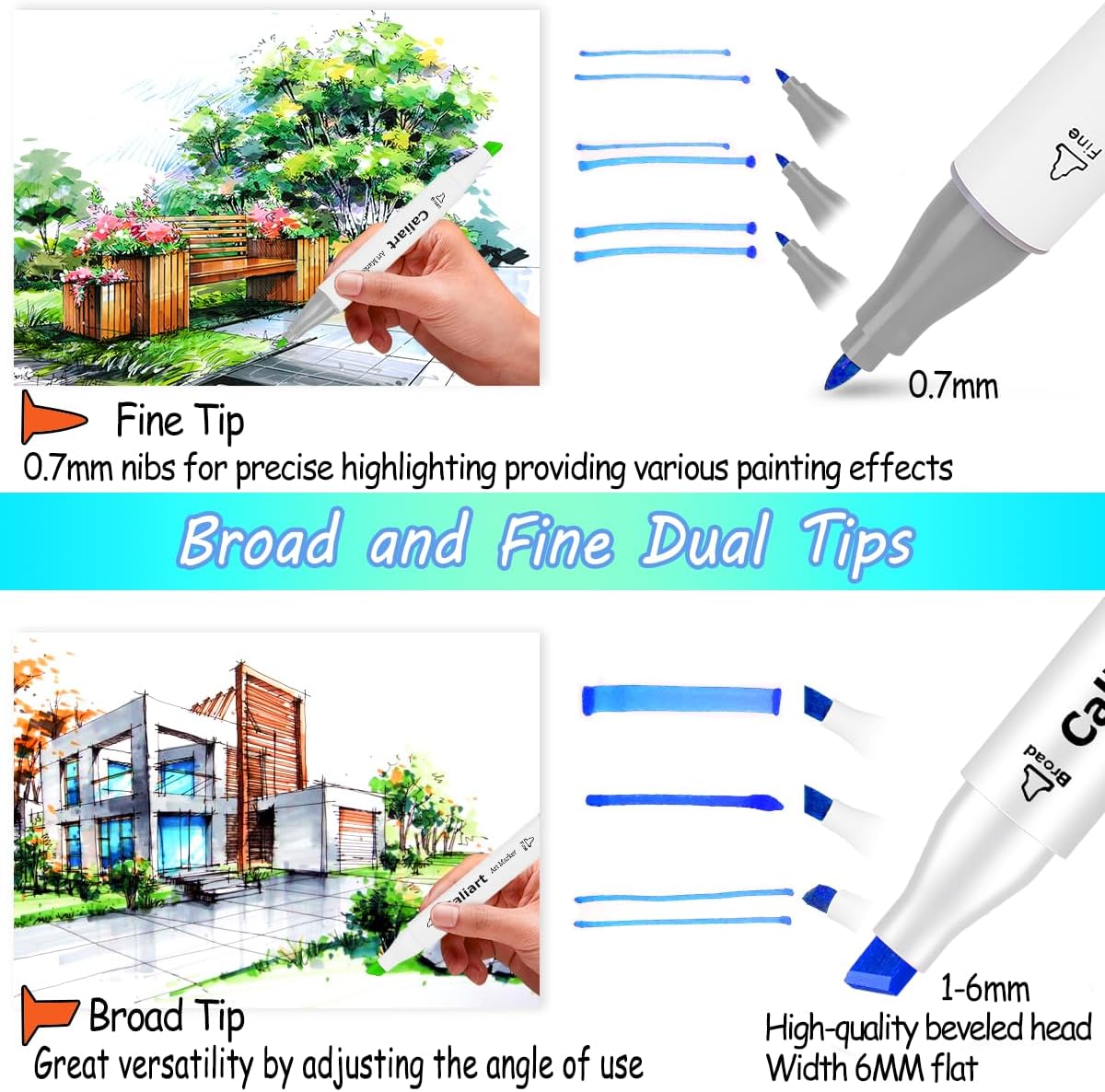 Caliart 24 Colors Fine & Chisel Permanent Alcohol Markers, Dual Tip Artist Sketch Art Markers Set for Adult Coloring Book, Aesthetic Cute School Supplies, Pens for Drawing Coloring Illustrations