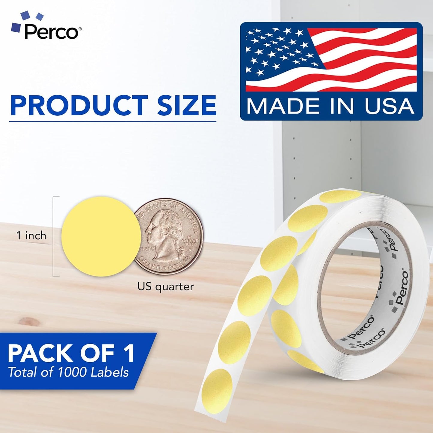 Perco Gold 1-Inch Round Circle Dot Sticker Labels with Permanent Adhesive for Wedding Invitations - 1,000 Labels per Roll - Vibrant Colors, Strong Adhesion - Made in USA