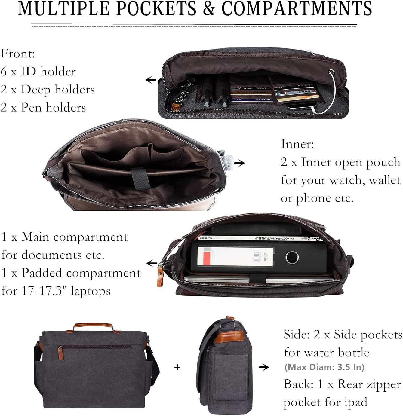 ESTARER Men Messenger Bag 17-17.3 Inch Laptop Bag Water-resistant Canvas Computer Shoulder Bag Briefcase for Work College Travel, Grey