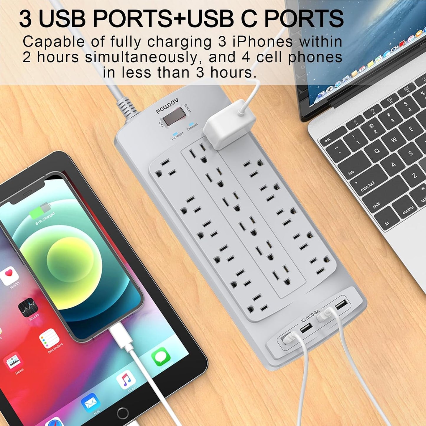 18 Outlets Surge Protector Power Strip - 6 Feet Flat Plug Heavy Duty Extension Cord with 18 Widely Outlets and 4 USB Ports, 2100 Joules, Grey, ETL Listed