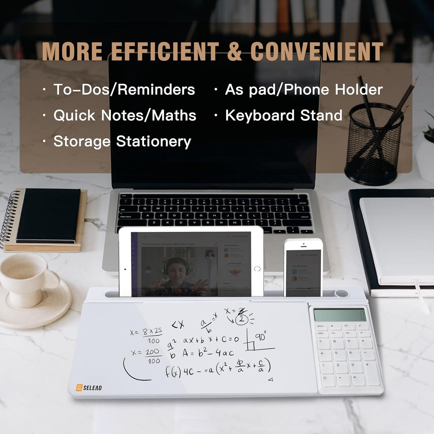 SELEAD Desktop Glass Whiteboard with Calculator & Built-in Mirror, Dry Erase White Board Computer Pad Keyboard Stand with Organizer Drawer, Desk Accessories for Home, School, Office