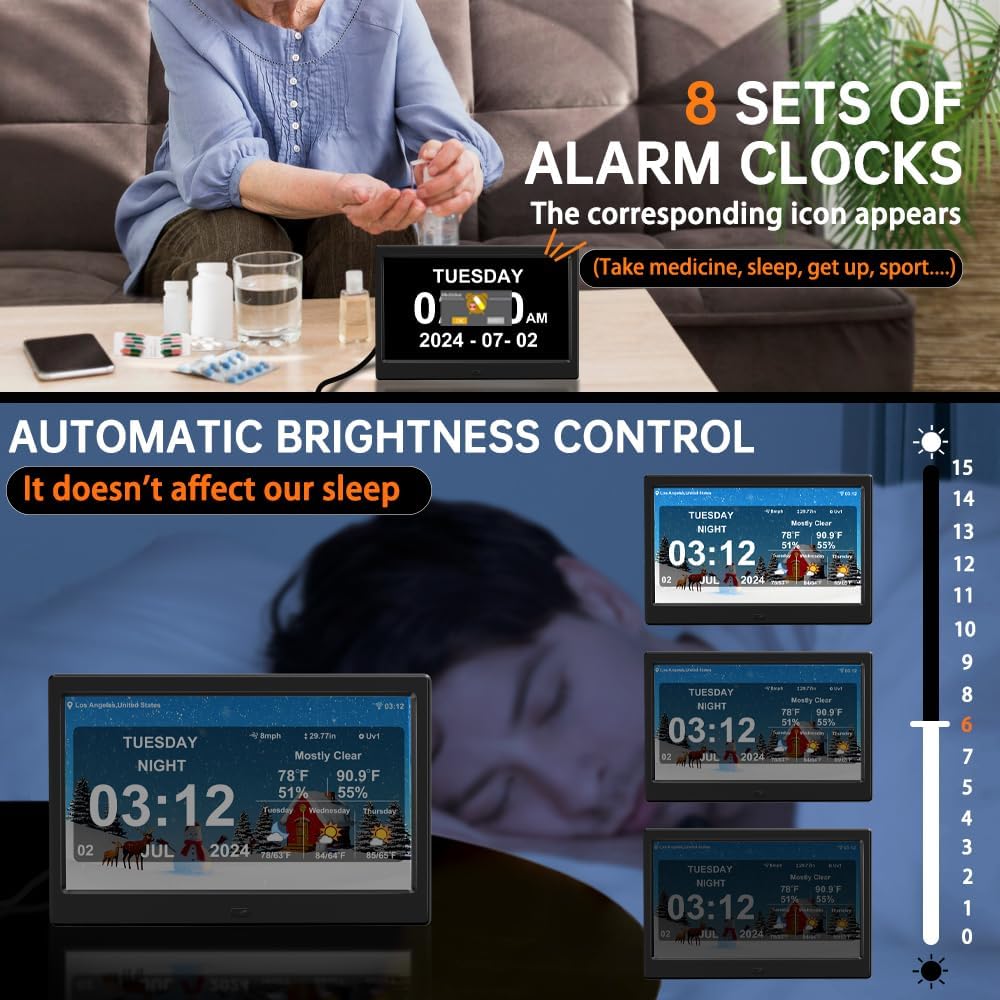 2025 New Digital Weather Clock with Temperature Humdity Alarm Clock (10.1- inch Black)