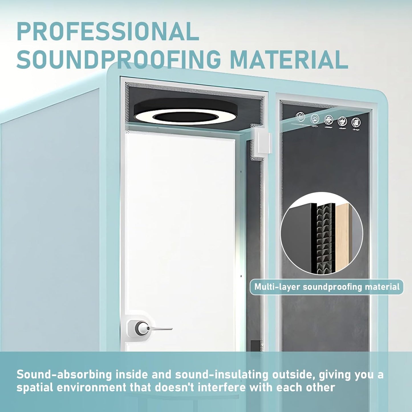 Office Sound Booth with Audio Privacy - Freestanding Soundproof Booth Includes Light Blue Frame Design,Modern Soundproof Room with Light, Socket,Casters for Study,Negotiation (59.05IN)