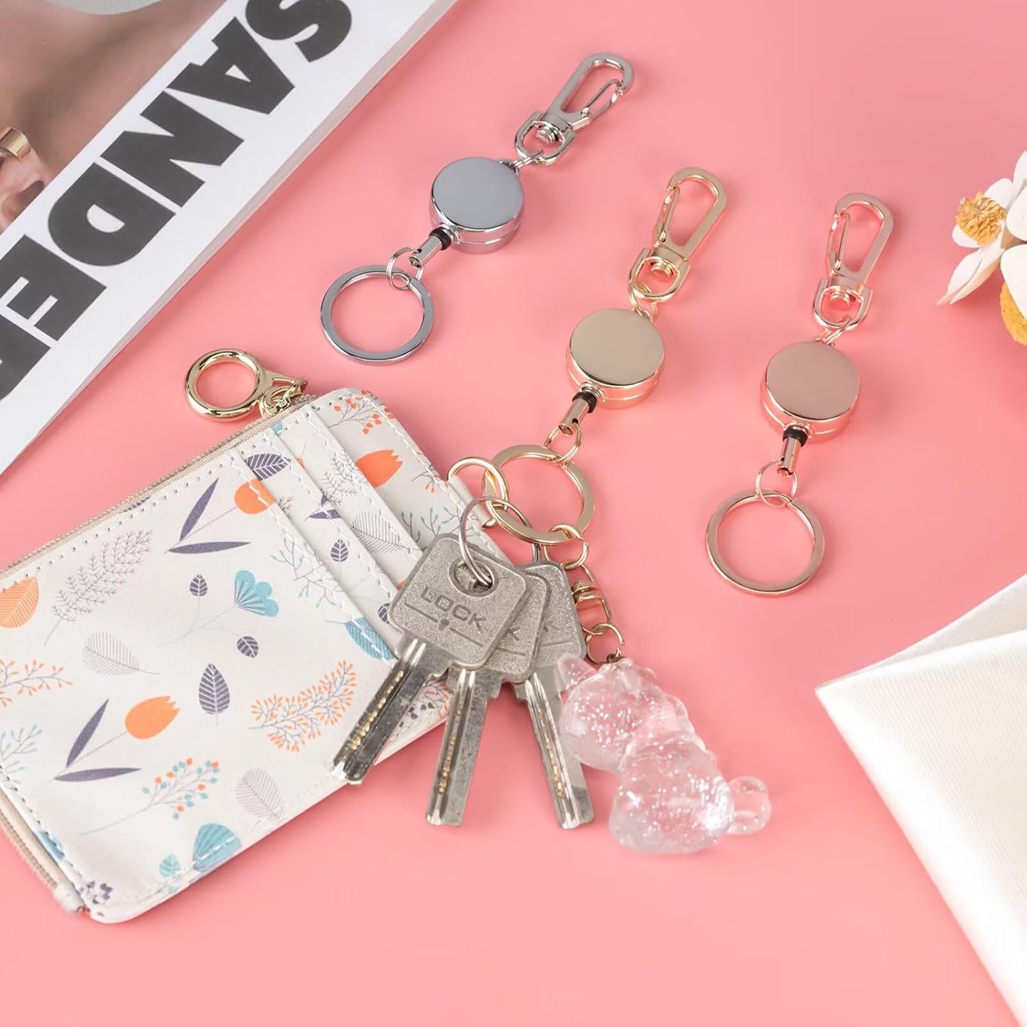 bolimoss Bling Black Retractable Badge Reels with Key Ring and Carabiner Belt Clip, Glittery Metal Retractable Keychain for ID Cards Name Holder Nurse, Teacher, Students (3 PCS)