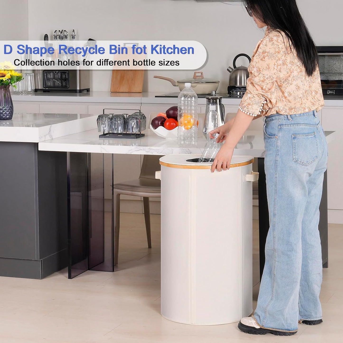 Efluky Recycling Bin 100L, 26 Gallon, Beige, D-Shaped, Oxford Fabric, 17.32"L x 12.9"W x 11.46"H, 2 Removable Inner Bags, Lightweight, Open-Top, Cycling, Kitchen