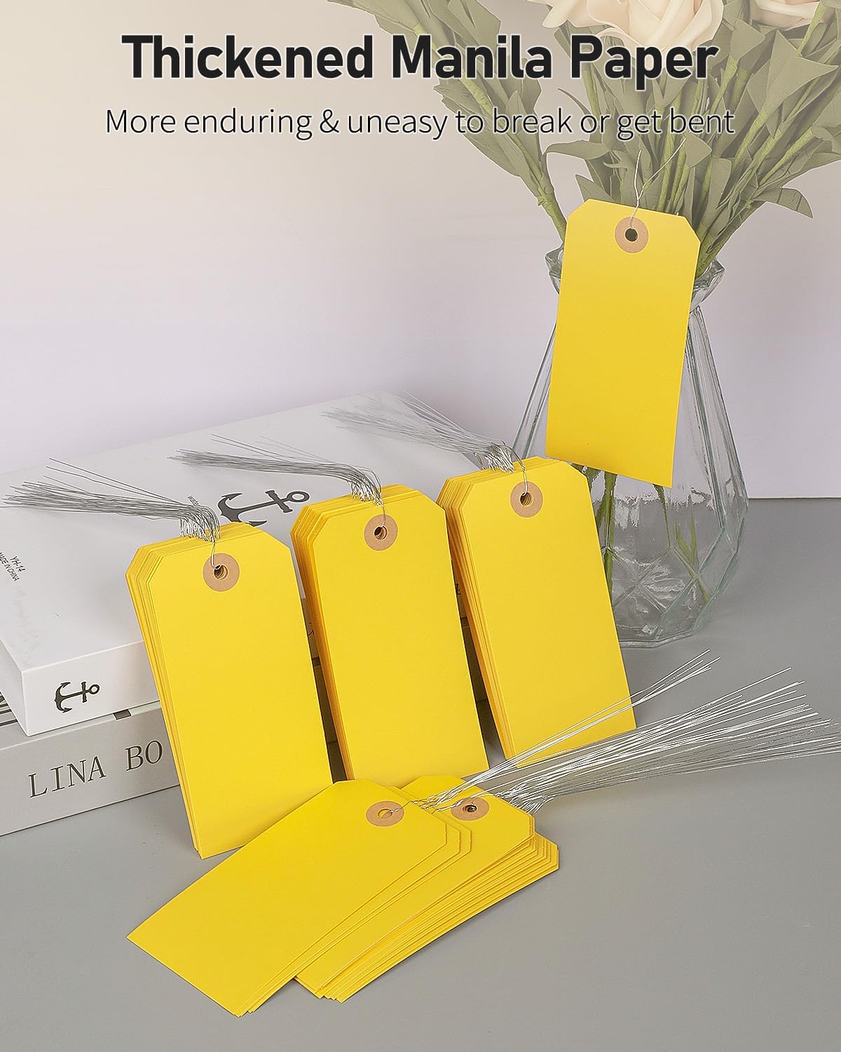 Uniclife 100 Pcs Yellow Blank Shipping Tags with Wire Attached 4.7 Inch Paper Tags Hang Tag with Reinforced Eyelet Large Marking Label Writable Price Tags Inventory Label Tag, 4.7" x 2.36"