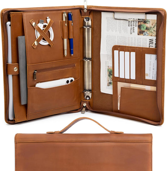 Genuine Leather Portfolio 3 Ring Binder with Clipboard, Hidden Handle, 8.5 x 11 Zippered Padfolio, Business Organizer Professional Executive Folio for Men and Women, Brown