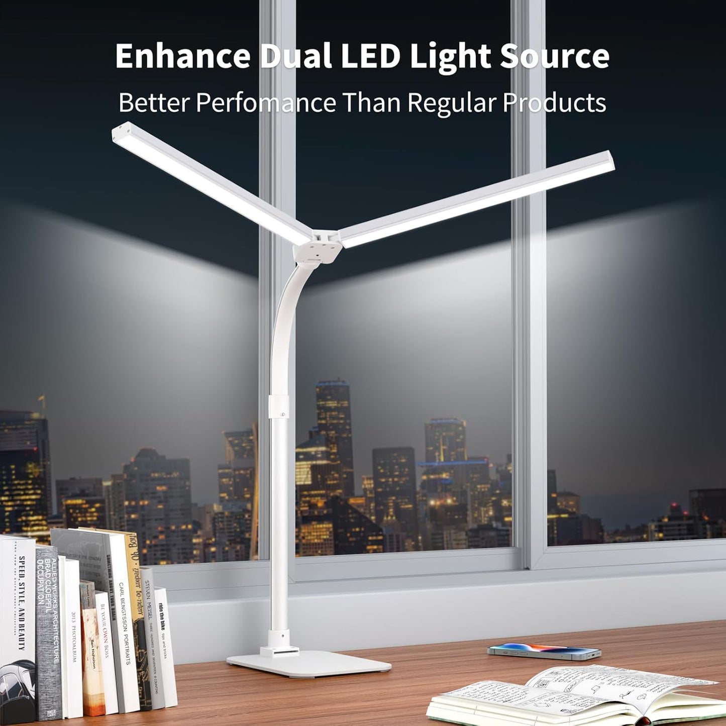 Desk Lamp Architect Task Dual Head Modern Flexible Gooseneck Tall Dimmable Light for Home Office, 5 Color Modes,Remote Control, 1500lm 24W Extra Bright Lighting