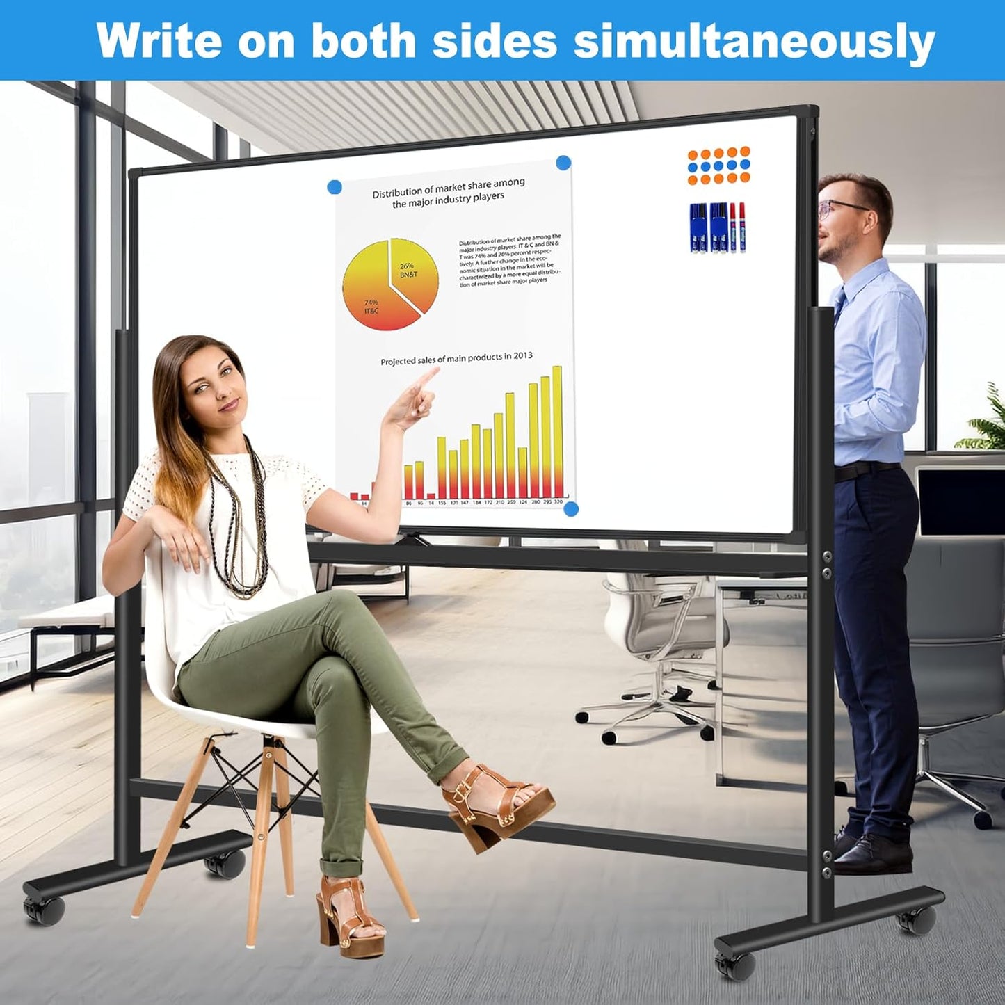 Rolling Whiteboard on Wheels 72"x48", Double-Sided Dry Erase Board with Stand, Big White Board with Stand Portable Magnetic Mobile White Board with 2 Eraser, 6 Markers, 20 Magnets
