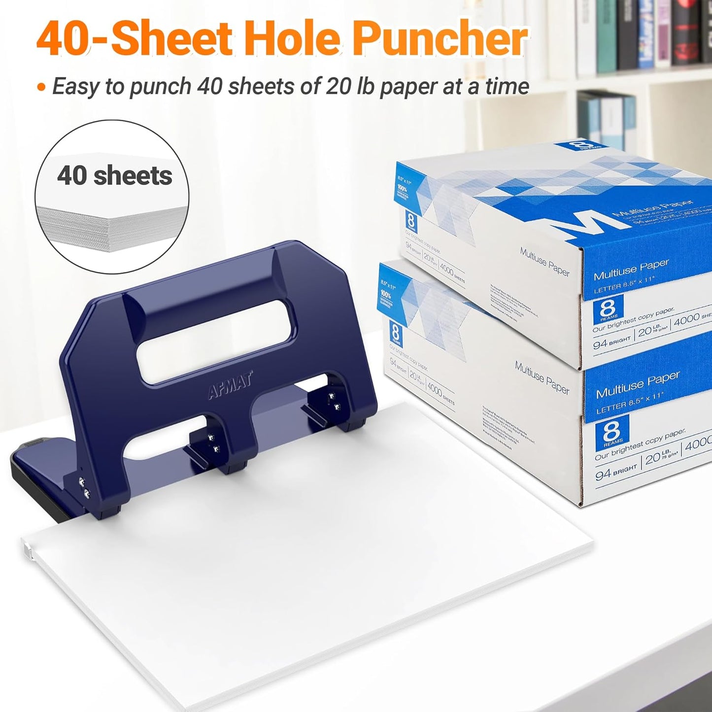 3 Hole Punch Heavy Duty, AFMAT 3 Hole Puncher for Binder, 10000+ Punching Times, 40-Sheet Three Hole Punch, Metal Hole Puncher 3 Ring, 50% Reduced Effort, Bulit-in S.S. Paper Guide, Blue