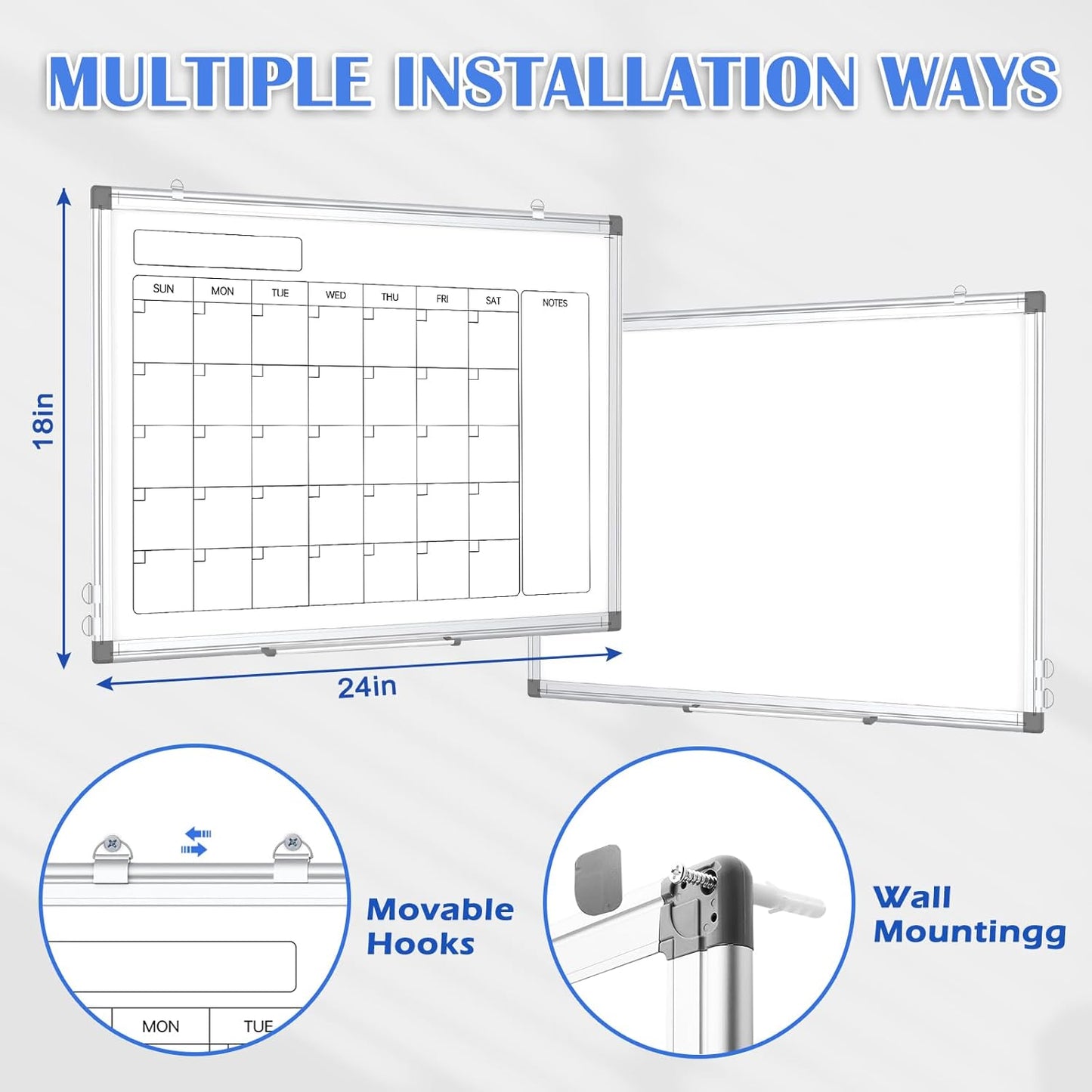 Monthly Calendar Dry Erase Whiteboard for Wall, 24" x 18" Magnetic Calendar White Board, Double-Sided Portable Board for Office, Kitchen, School, Home