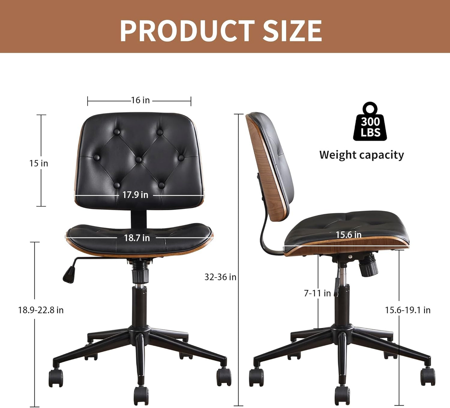 Small Home Office Chair – Armless Mid-Back Desk Chair with PU Leather, Adjustable Height, Swivel Wheels, Modern Walnut Legs for Small Spaces, Black