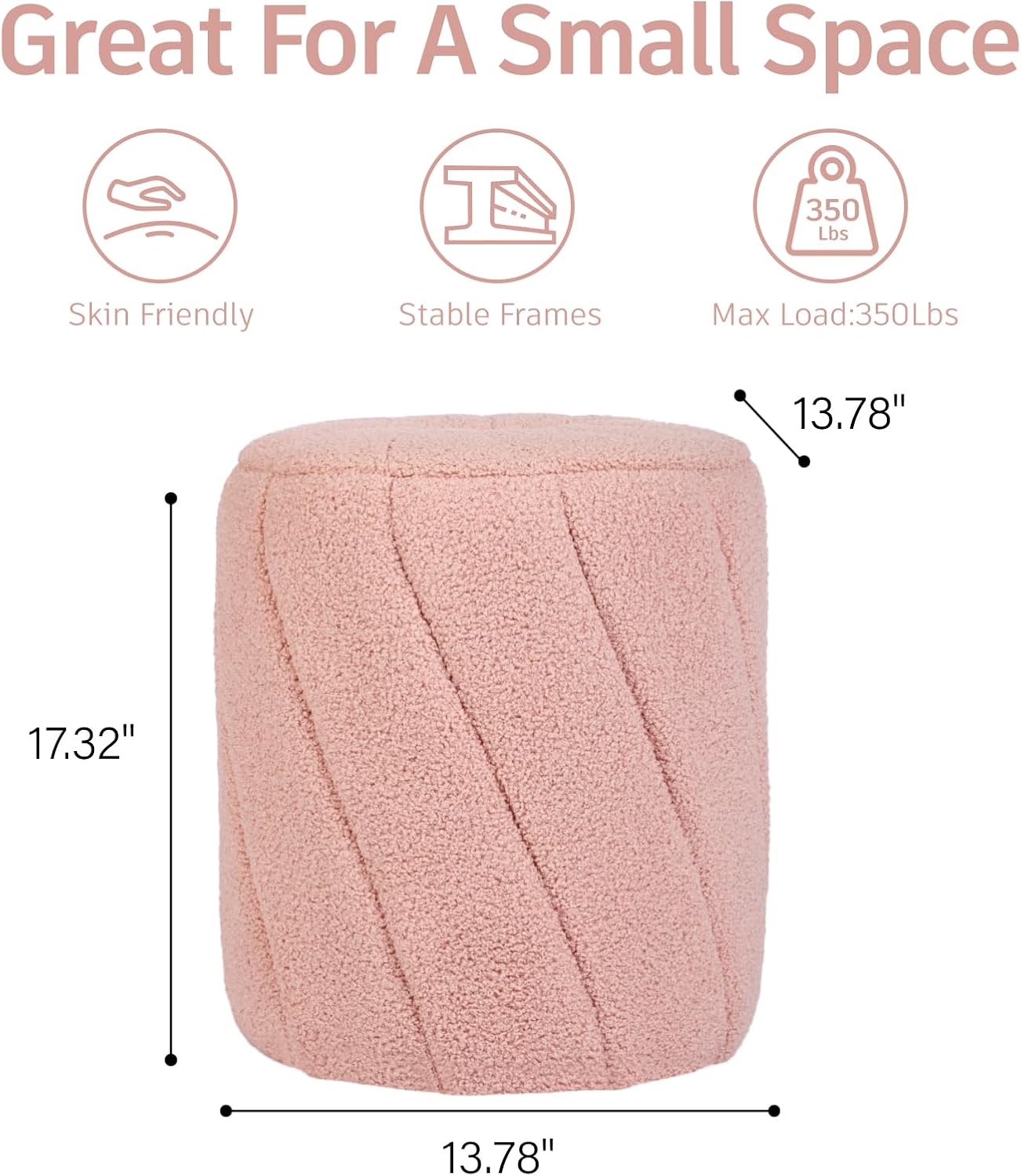 Modern Round Ottoman 2Pcs, Spiral-Tufted Foot Stool Ottoman, Teddy Fleece Upholstered Vanity Stool for Makeup, Bedroom, Living Room, Pink