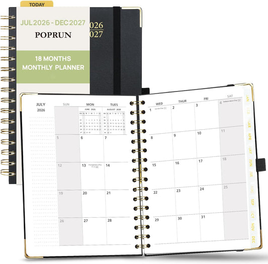 POPRUN Monthly Planner 2026-2027 Spiral Hardcover (6.25'' x 8.5''), 18 Months Calendar (Jan.2026-Jun.2027) - 2 Pages per Month with Dotted Note Pages, Sunday Start, Laminated Tab - Black