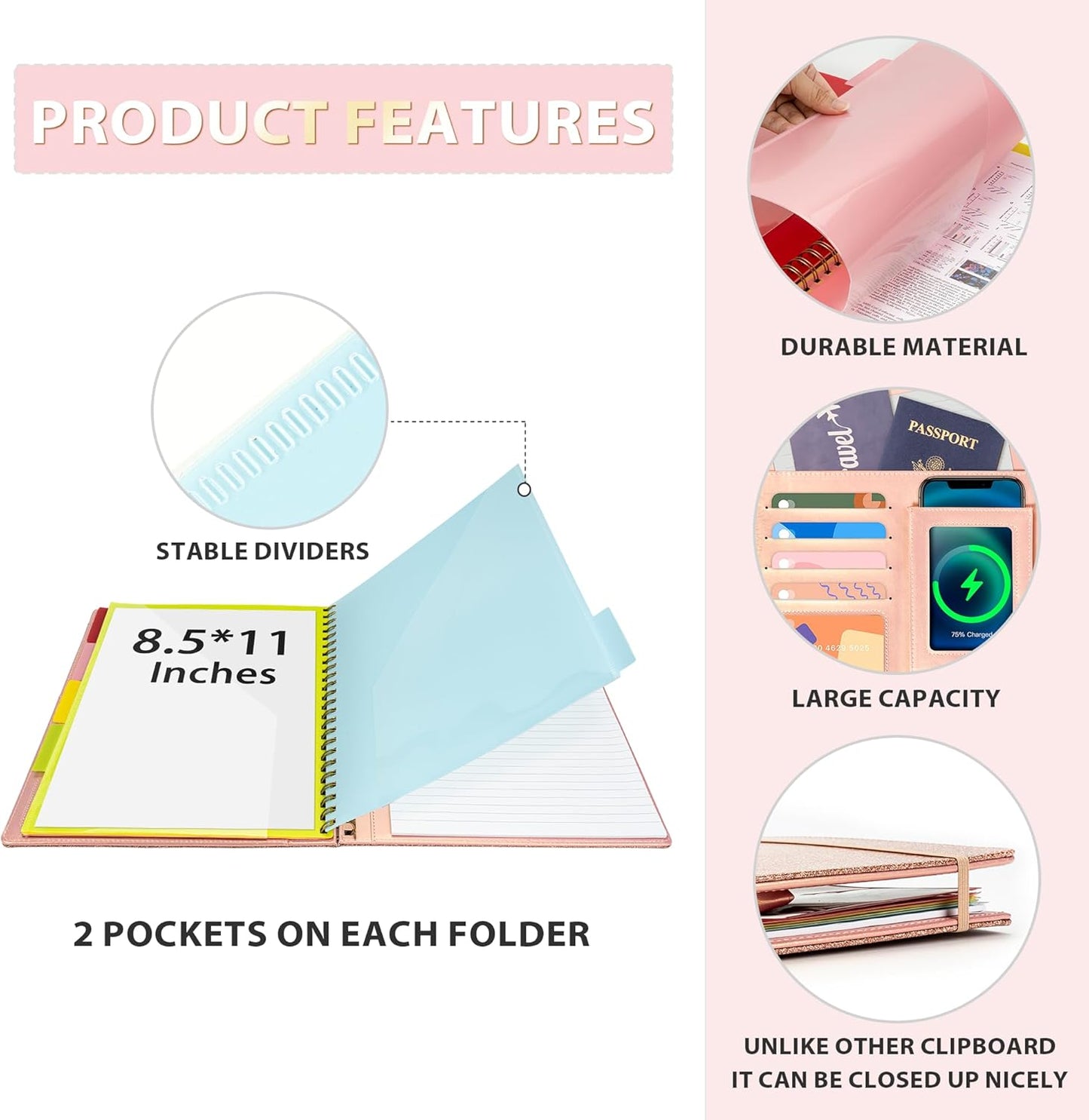 Clipboard with Storage for Men Women, Leather Padfolio Portfolio Organizer 5 Folders with 10 Pockets, Spiral Clipboard Folio with Notepad for Letter Size, Elastic Closure and Pen Loop Rose Gold